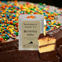 Load image into Gallery viewer, Southampton Candle Company wax melt with a background of cake with rich chocolate fudge frosting and colorful rainbow sprinkles. Also in the picture is a small slice of yellow cake with chocolate frosting and a lit birthday candle.
