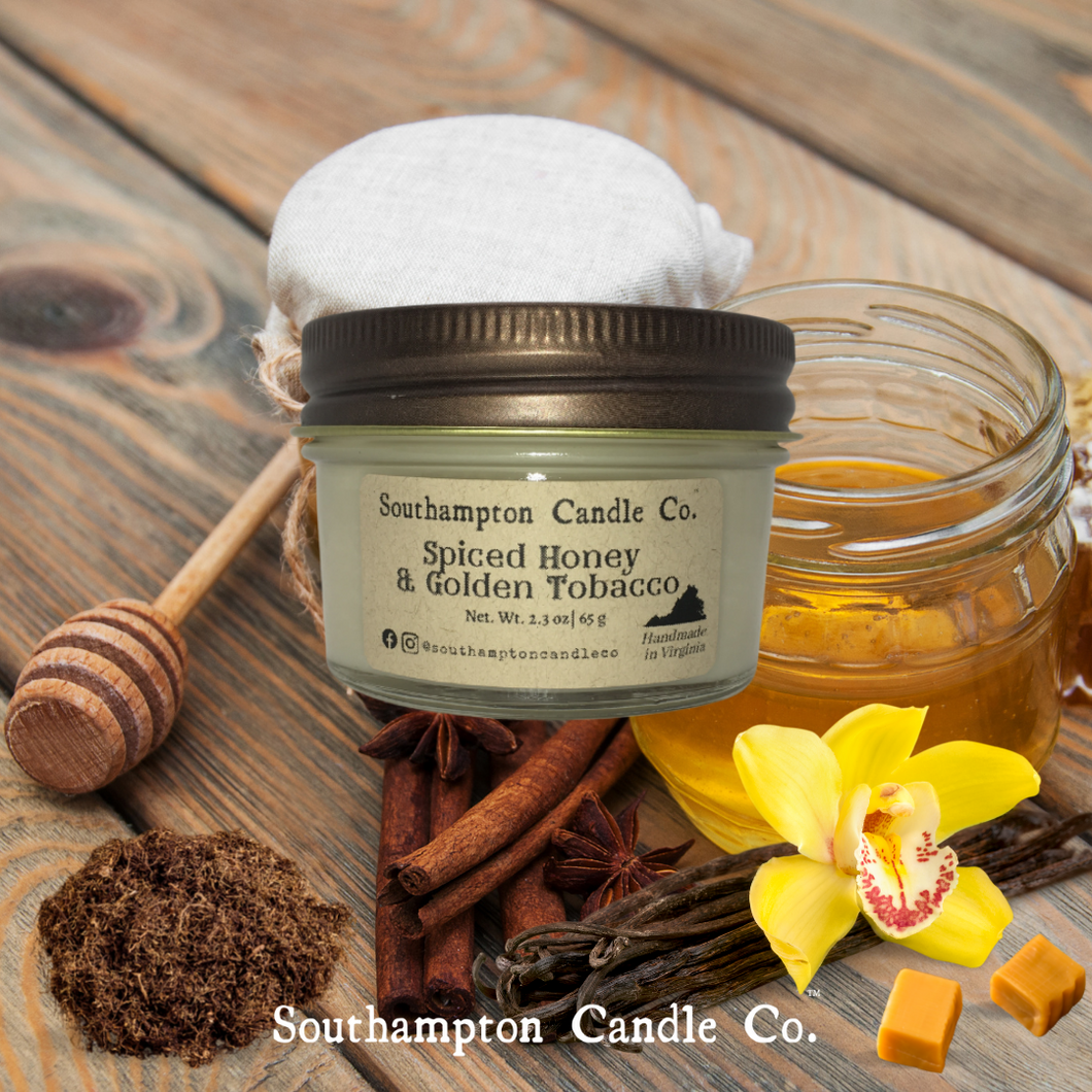 'Spiced Honey & Golden Tobacco' in 4 oz. Rustic Jelly Jar